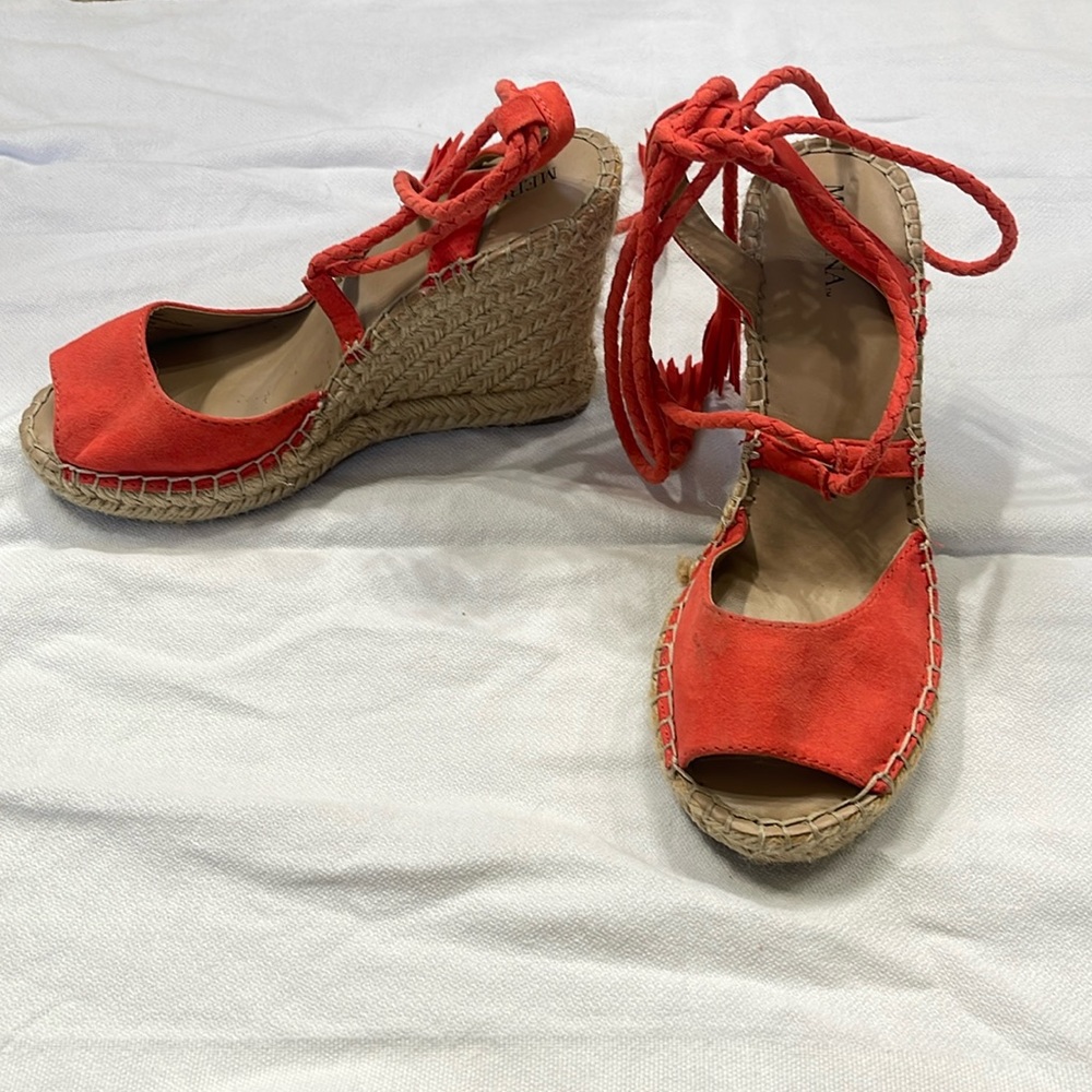 Merona peep toe  orange wedge espadrilles.